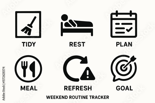 Weekend routine tracker with icons for tidy, rest, plan, meal, refresh, goal