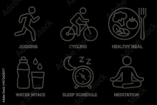 Healthy lifestyle icons: jogging, cycling, nutrition, hydration, sleep, meditation