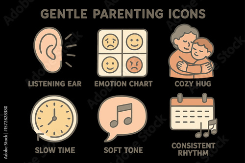 Gentle parenting icons: listening ear, emotion chart, cozy hug, slow time, soft tone