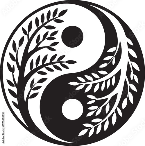 Yin Yang Tree Silhouette Symbolizing Balance and Nature Harmony, Dual Root and Branch Art for Mindfulness, Spiritual, Zen-Themed Designs