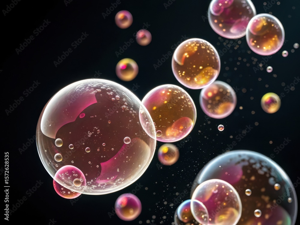 Fototapeta premium Floating iridescent soap bubbles with reflective surfaces against a dark background