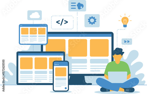 Illustration of a developer working on responsive design with multiple devices and icons around


