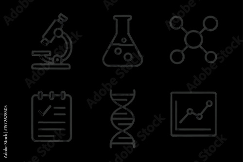 Science icons: microscope, beaker, molecule, checklist, dna, graph