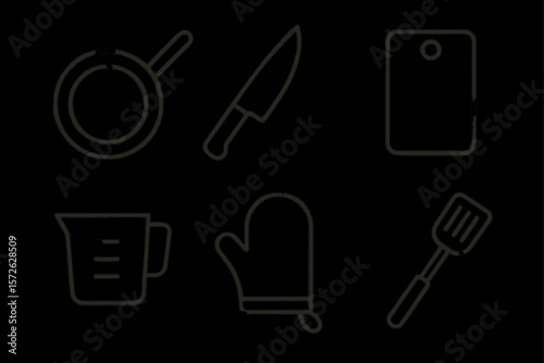 Simple kitchen utensil icons: pan, knife, cutting board, measuring cup, oven mitt, spatula