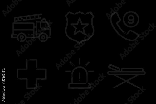 Emergency services icons: fire truck, police badge, call 911, medical cross, siren, stretcher
