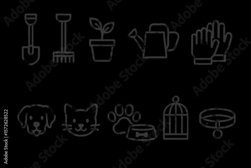 Gardening and pet care tools: shovel, rake, watering can, gloves, pet icons