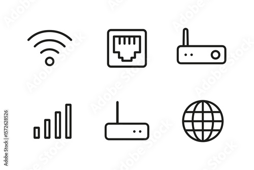Minimalist network icons: wifi, ethernet, router, signal strength, globe