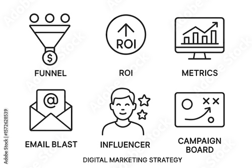 Digital marketing strategy icons: funnel, roi, metrics, email blast, influencer, campaign board
