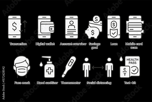 Digital transactions and healthcare icons: wallet, social distancing, test kit