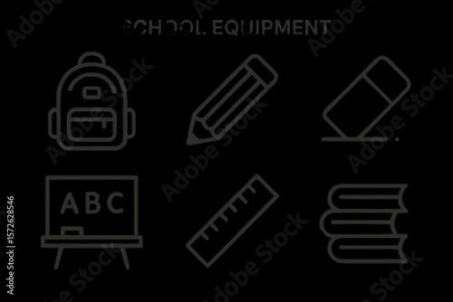 Monochrome school equipment icons: backpack, pencil, eraser, blackboard, ruler, books