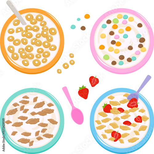 Set of bowls of breakfast cereal in different flavors. Top view. Cereal breakfast bowl set, cornflakes with milk, chocolate, strawberries fruits. Corn flakes and porridge oatmeal. Vector illustration