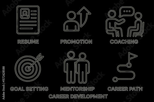 Business concepts: resume, promotion, coaching, goal setting, mentorship, career development and path icons