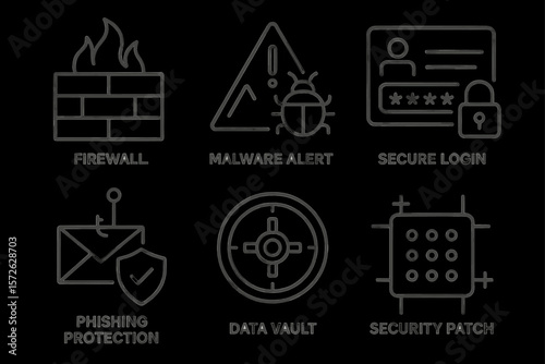 Cybersecurity icons: firewall, malware alert, secure login, phishing protection, data vault, security patch