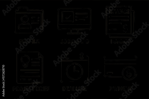 Profile management and job board interface with invoice and project deadline icons