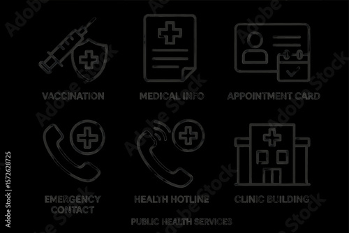Public health services icons: vaccination, medical info, appointment, emergency contact, health hotline, clinic