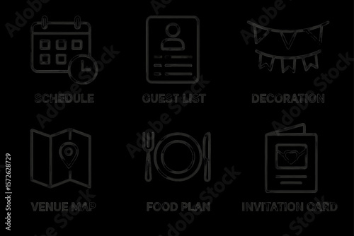 Event planning elements: schedule, guest list, decoration, venue map, food plan, invitation card