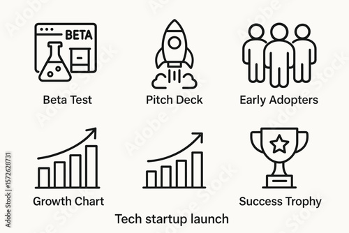 Tech startup icon set: beta test, pitch deck, early adopters, growth chart, success trophy