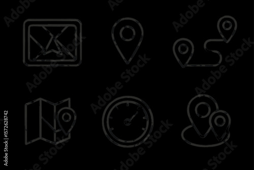 Set of navigation and map icons featuring location, route, and pins