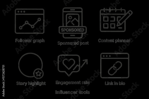 Social media management icons: follower graph, sponsored post, content planner