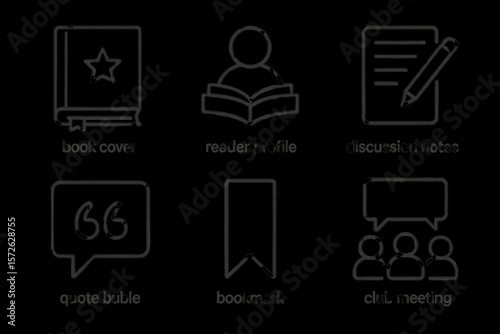Icons for book cover, reader profile, discussion notes, quote bubble, bookmark, club meeting