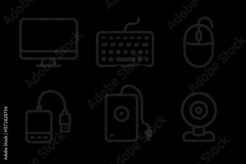 Set of computer accessories: monitor, keyboard, mouse, usb, hard drive, webcam icons