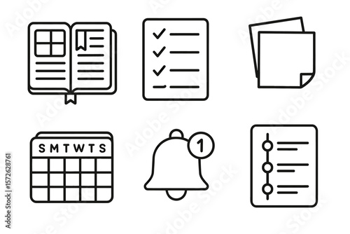 Outline icons of calendar, checklist, bell notification, book, and documents