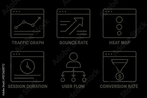 Web analytics icons: traffic graph, bounce rate, heat map, user flow, conversion rate