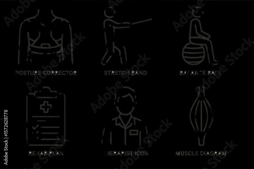 Posture corrector and fitness equipment icons for rehabilitation and therapy