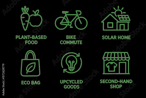 Eco-friendly living icons: plant-based food, bike commute, solar home, eco bag, upcycled goods, second-hand shop