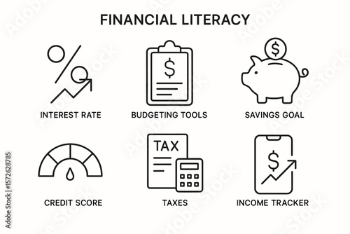 Financial literacy tools and concepts: interest rates, budgeting, savings, credit scores, taxes, income tracking