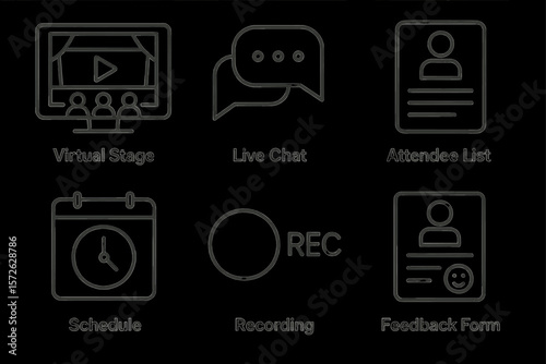 Virtual event icons: stage, chat, attendee list, schedule, recording, feedback form