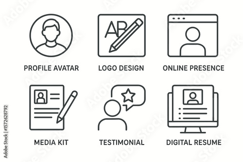 Icons for profile avatar, logo design, online presence, media kit, testimonial, digital resume