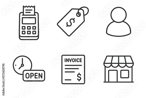 Retail icons: calculator, price tag, user, clock, invoice, storefront