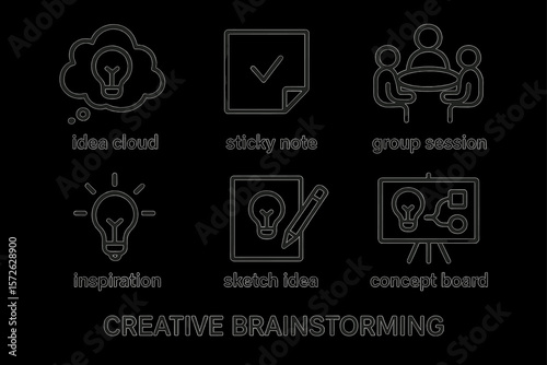 Creative brainstorming icons: idea cloud, sticky note, group session, inspiration, sketch idea, concept board