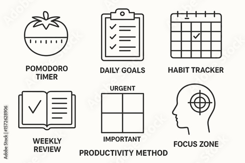 Productivity icons: pomodoro timer, daily goals, habit tracker, weekly review, focus zone