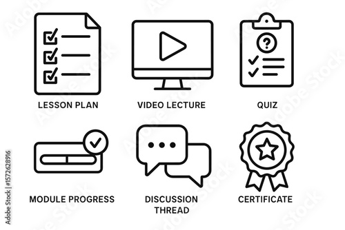 Online learning icons: lesson plan, video lecture, quiz, progress, discussion, certificate