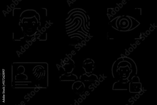 Biometric security icons with face recognition, fingerprint, and eye scan