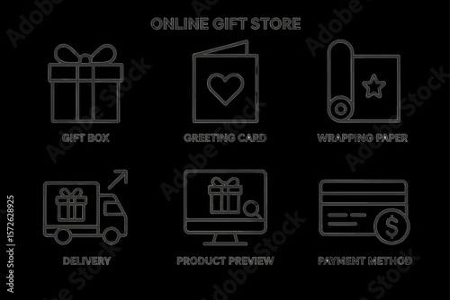 Icons for online gift store: gift box, greeting cards, wrapping paper, delivery, payment method