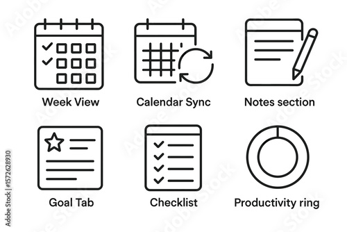 Calendar icons: week view, calendar sync, notes, goal tab, checklist, productivity