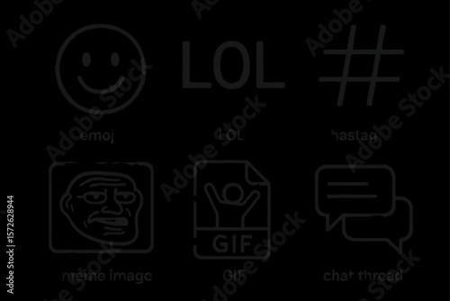 Humorous online communication symbols with emoji, meme, gif, hashtag, and chat icons