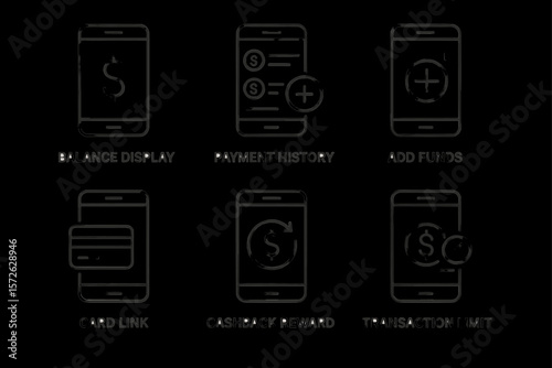 Mobile banking icons representing balance, transactions, and payments
