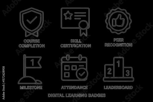 Digital learning badges: skill certification, course completion, peer recognition icons