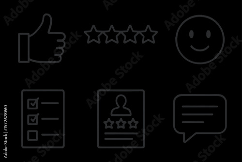 User feedback icons with thumbs up, stars, and smile for rating and review