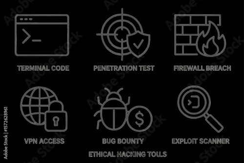 Cybersecurity icons: terminal code, penetration test, firewall breach, vpn access, bug bounty, exploit scanner