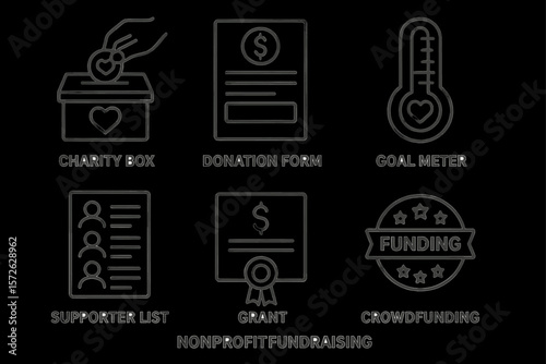 Charity icons set: donation, goal meter, supporter list, grant, crowdfunding symbols