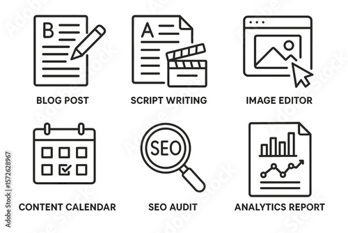 Icons representing blog post, script writing, image editor, content calendar, seo audit, analytics report