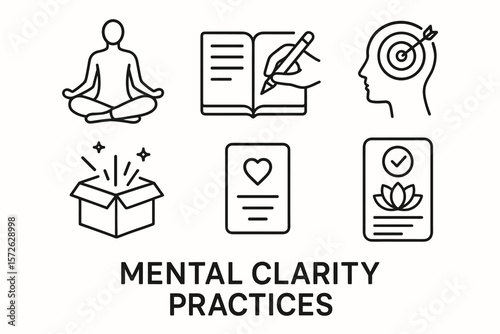 Mental clarity practices: meditation, journaling, mindfulness, and personal growth icons