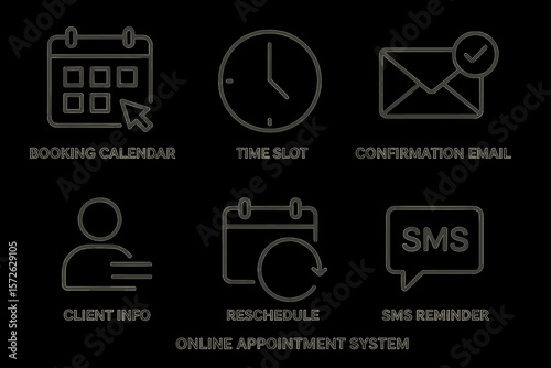 Online appointment system: calendar, email, client info, reschedule, sms reminder icons