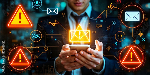 Man holding phone with digital overlay showing warning signs and email notifications on transparent background
