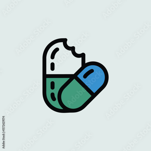 Minimalist Icon Design Depicting a Partially Eaten Teal and Blue Capsule Pill Against a Light Gray Background